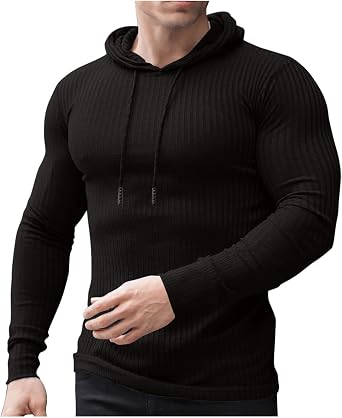Ctreela Ribbed Workout Hooded Sweater for Men Slim Fit Gym Bodybuilding Solid Color Muscle Pullover Sweatshirt with Hood