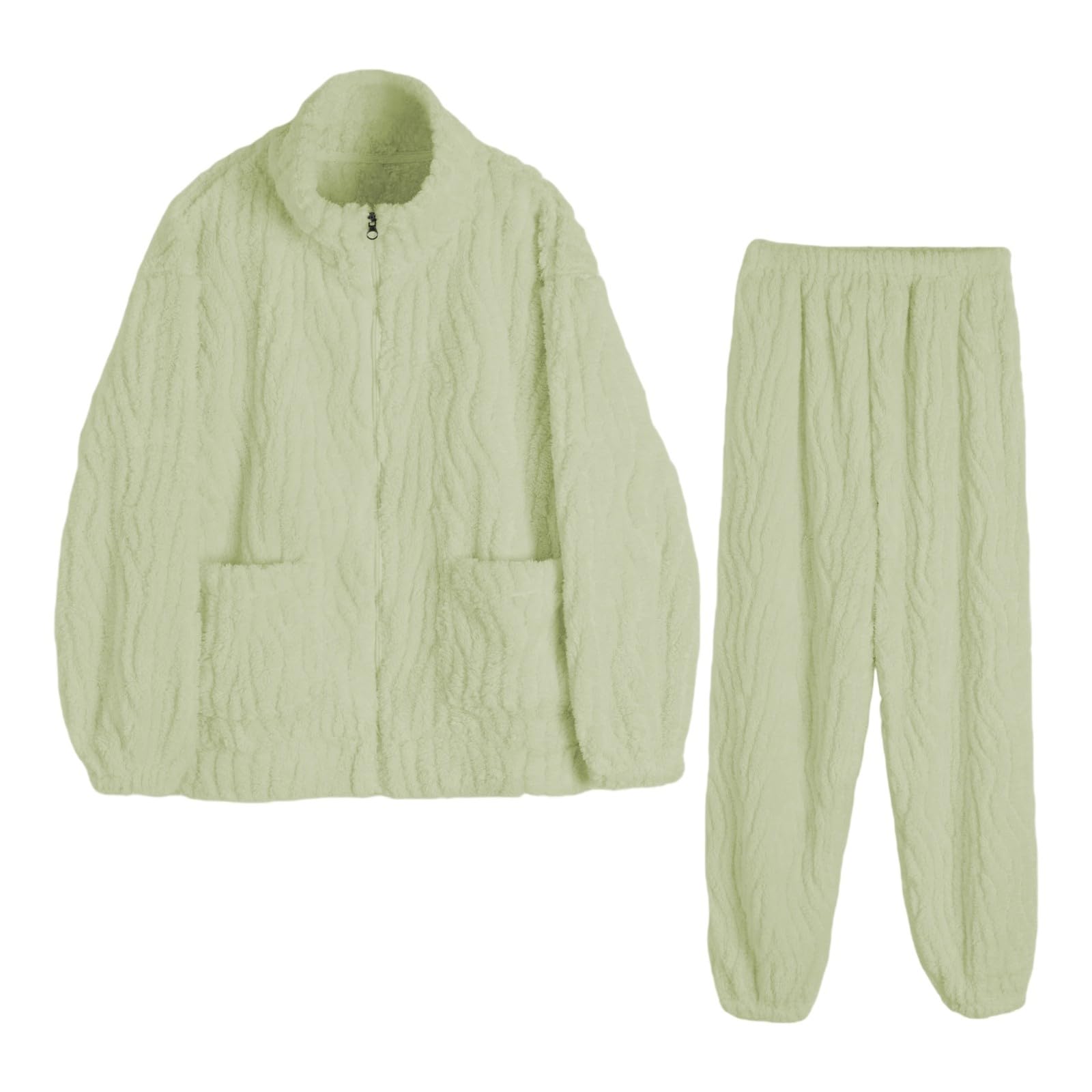 Generisch Pigiama da donna in peluche, morbido, caldo, in pile, per donne, carino, 2 pezzi, abbigliamento invernale, biancheria da notte, da jogging, tinta unita, caldo e spesso, completo con zip