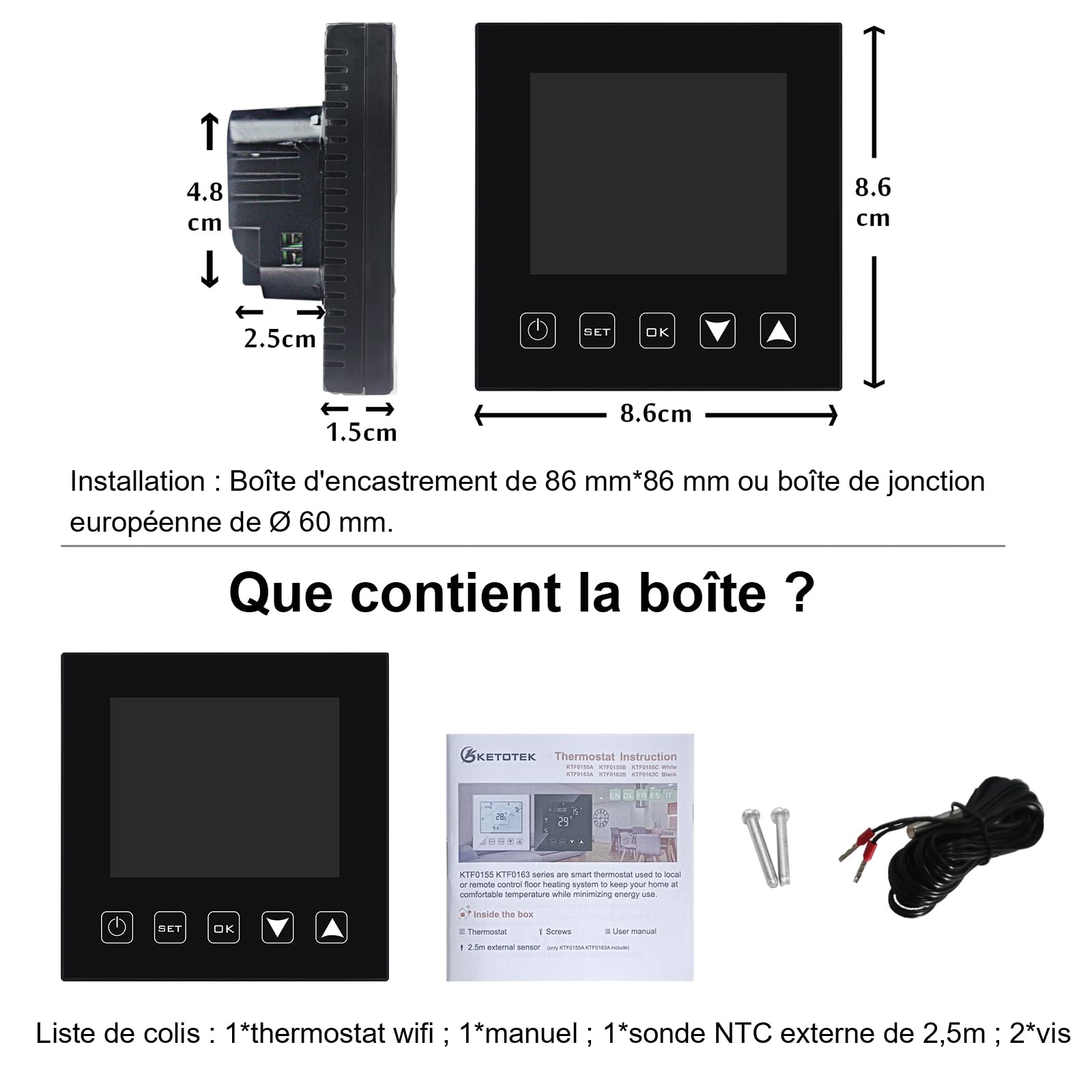 KETOTEK Thermostat Intelligent WiFi pour Chauffage au Sol électrique avec sonde Compatible avec Alexa, Thermostat Connecté Programmable Plancher Chauffant Electrique 16A Noir