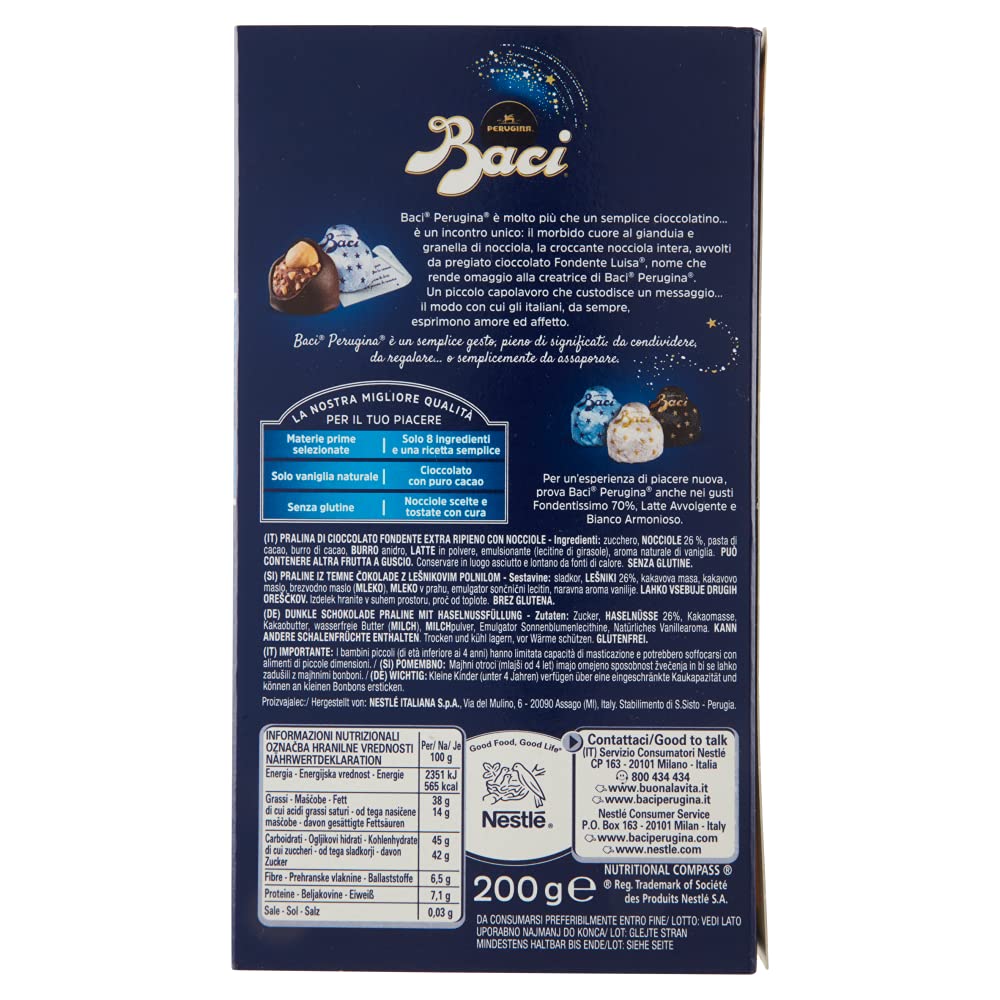 6x Perugina Baci Bijou Classico Pralinen mit Extra dunkle Schokoladenpraline gefüllt mit Haselnüssen 200g