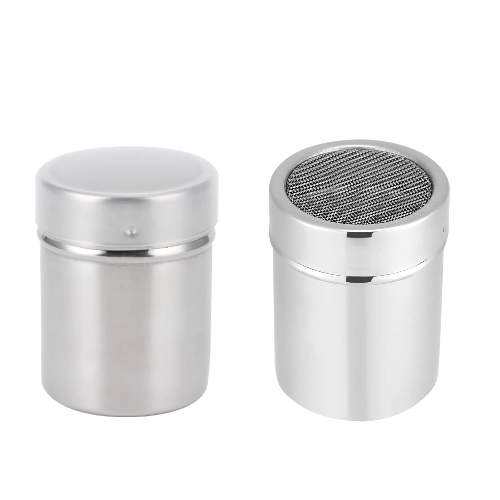 2Pcs Stainless Steel Powder Shakers, Powder Sugar Shaker with Lid Mesh Powder Shaker Cinnamon Cocoa Shaker for Coffee Bar Mesh Shaker