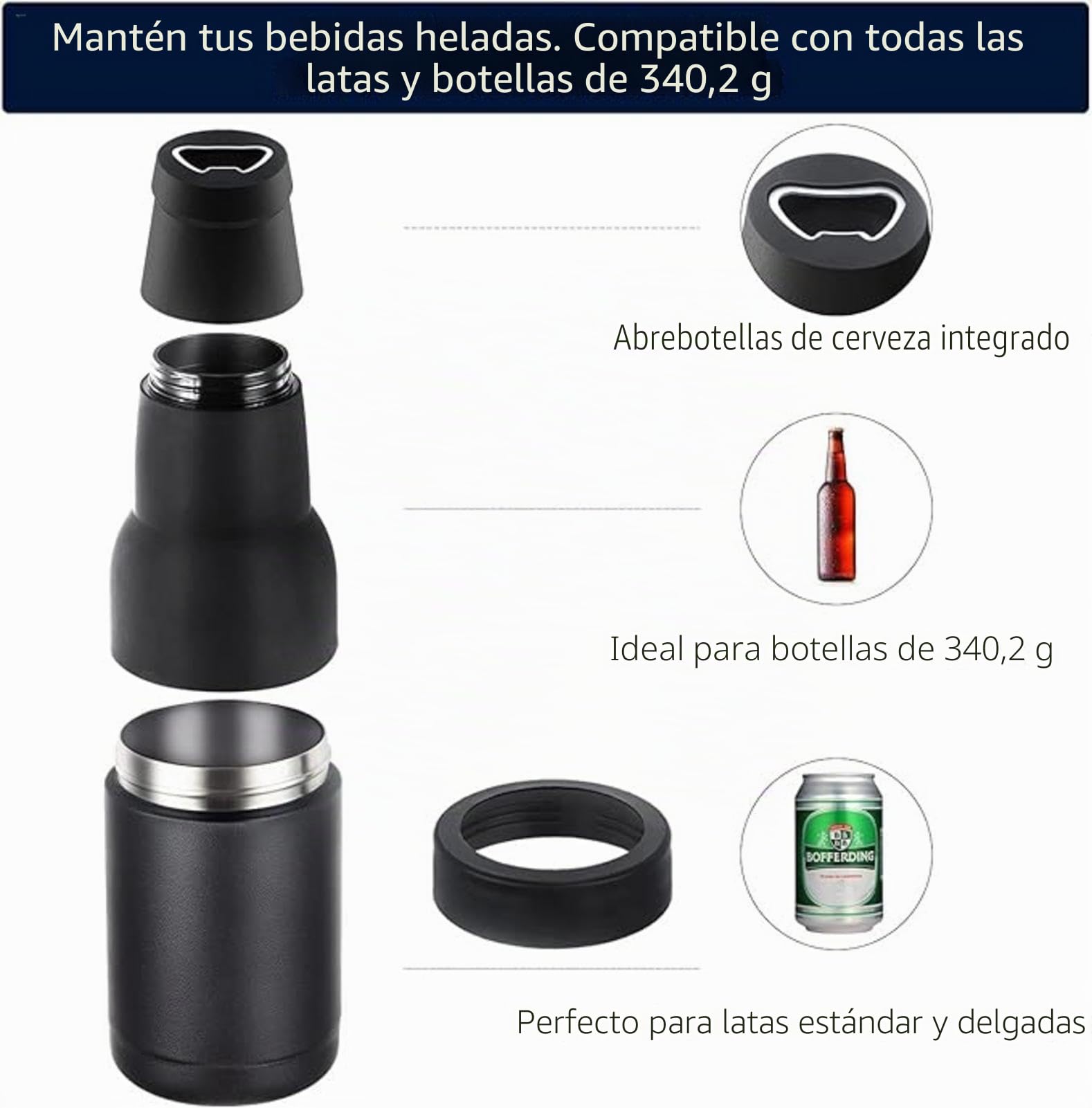 Enfriador 3 en 1 para Botellas y Latas de Cerveza - Con Abridor y Soporte Aislado Al Vacío de Doble Pared de Acero Inoxidable