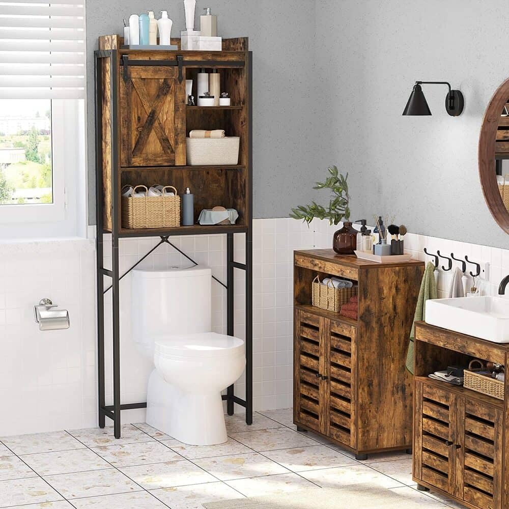 VASAGEL Toilettenregal, Badezimmerregal, mit Schrank, Stahlgestell, für Waschmaschine, einfache Montage, Industrie-Design, 64 x 24 x 171 cm, vintagebraun-schwarz BTS003B01