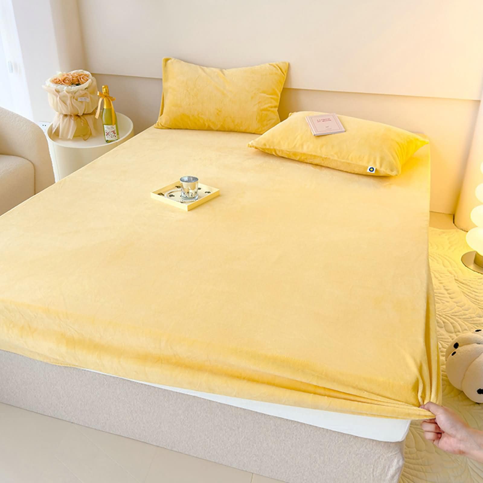 Drap-housse jaune 150x200 en velours pour matelas épais antidérapant