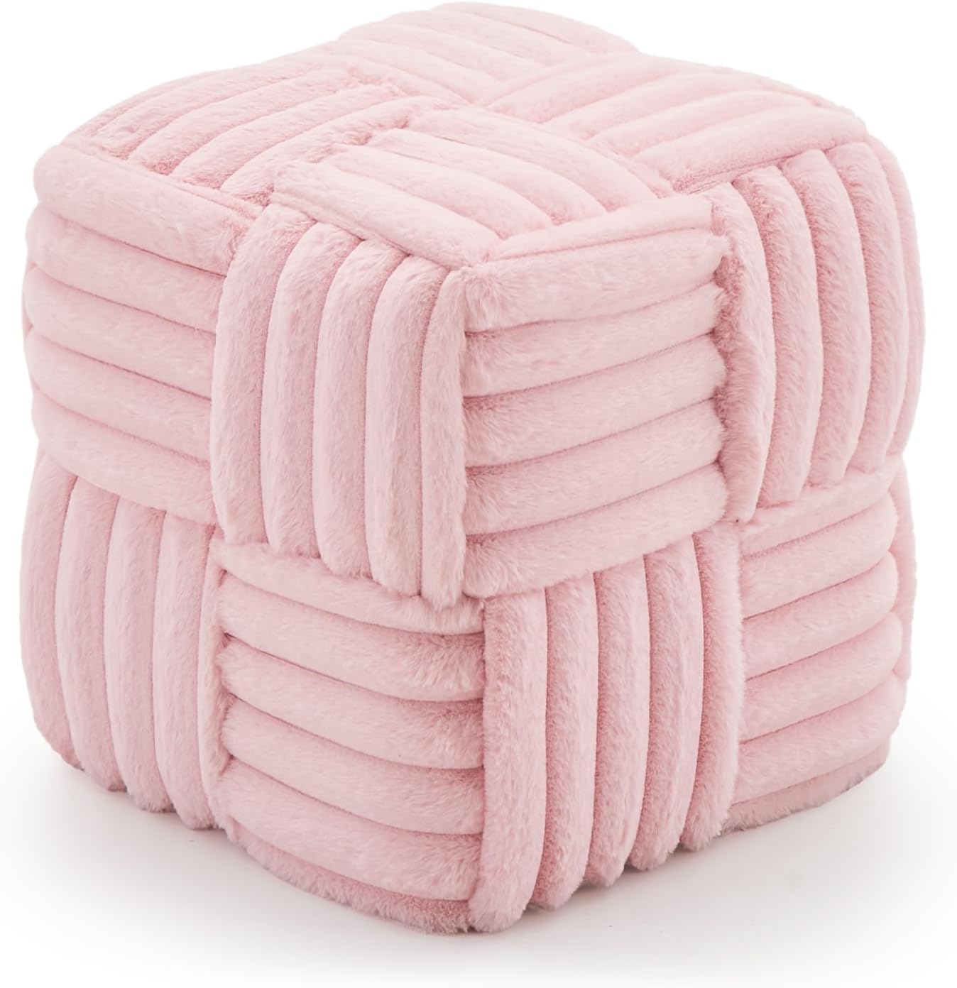 Faux Fur Ottoman Footrest 15.7" Square Vanity Stool, No Assembly Required, Soft Padded Seat for Bedroom, Living Room, Entryway (White)
