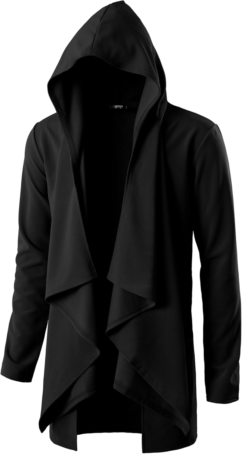 GIVON Men's Ruffle Shawl Collar Hooded Cardigan Long Sleeve with Pockets