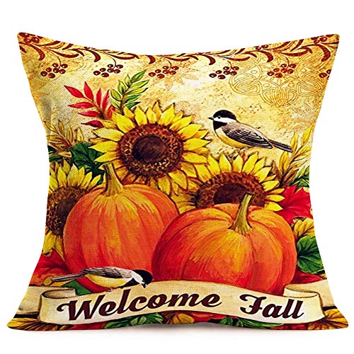 Autumn Harvest Decor Throw Pillow Covers Thanksgiving Fall Blessing Words Cardinal Robin Farm Pumpkin Sunflowers Maple Leaves Pillowcase Cotton Linen Birds Cushion Cover 18"X18" 4Pack (Ah-Blessing) #TOP2