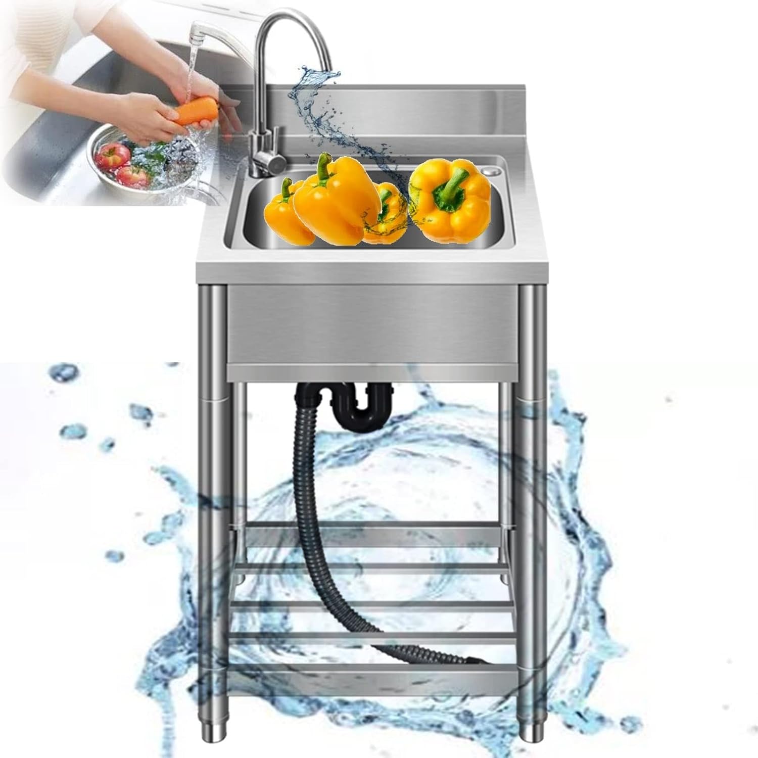 Silver Restaurant Sink 21.6x19.7x33.5in Large Deep Single Bowl Home Sink Sturdy