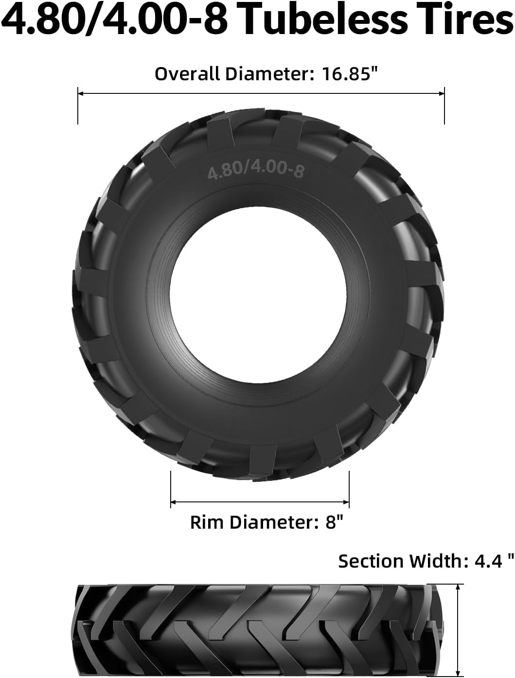 4.80/4.00-8 Tubeless Rear Tine Tiller Tires, Easy to Install, Heavy Duty 16 Inch Puncture Proof Replacement Tire Assembly, 400LbS Load, Fits Garden Tiller & Farm Equipment, 2 Pack