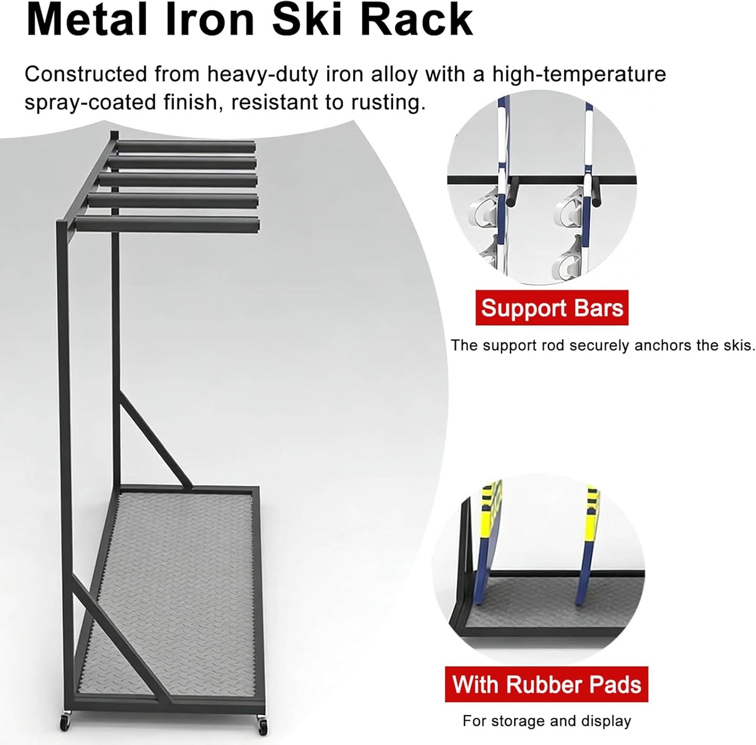 Freestanding Ski & Snowboard Storage Rack, Large Floor Ski Rack for Ski Resort, Rolling Snow Skiing Organizer Cart, Holds 5 Pair Skis