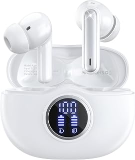 Wireless Earbuds Bluetooth 5.3 Headphones 40 Hrs Playtime with LED Display, Deep Bass Stereo and Noise Cancelling Bluetooth Ear Buds IP7 Waterproof Wireless Earphones with Mic for iPhone Android White