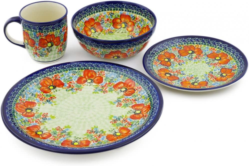 Polmedia Polish Pottery 4 PC Place Setting UNIKAT - Garden Meadow Pattern Handmade in Boleslawiec Poland + Certificate of Authenticity