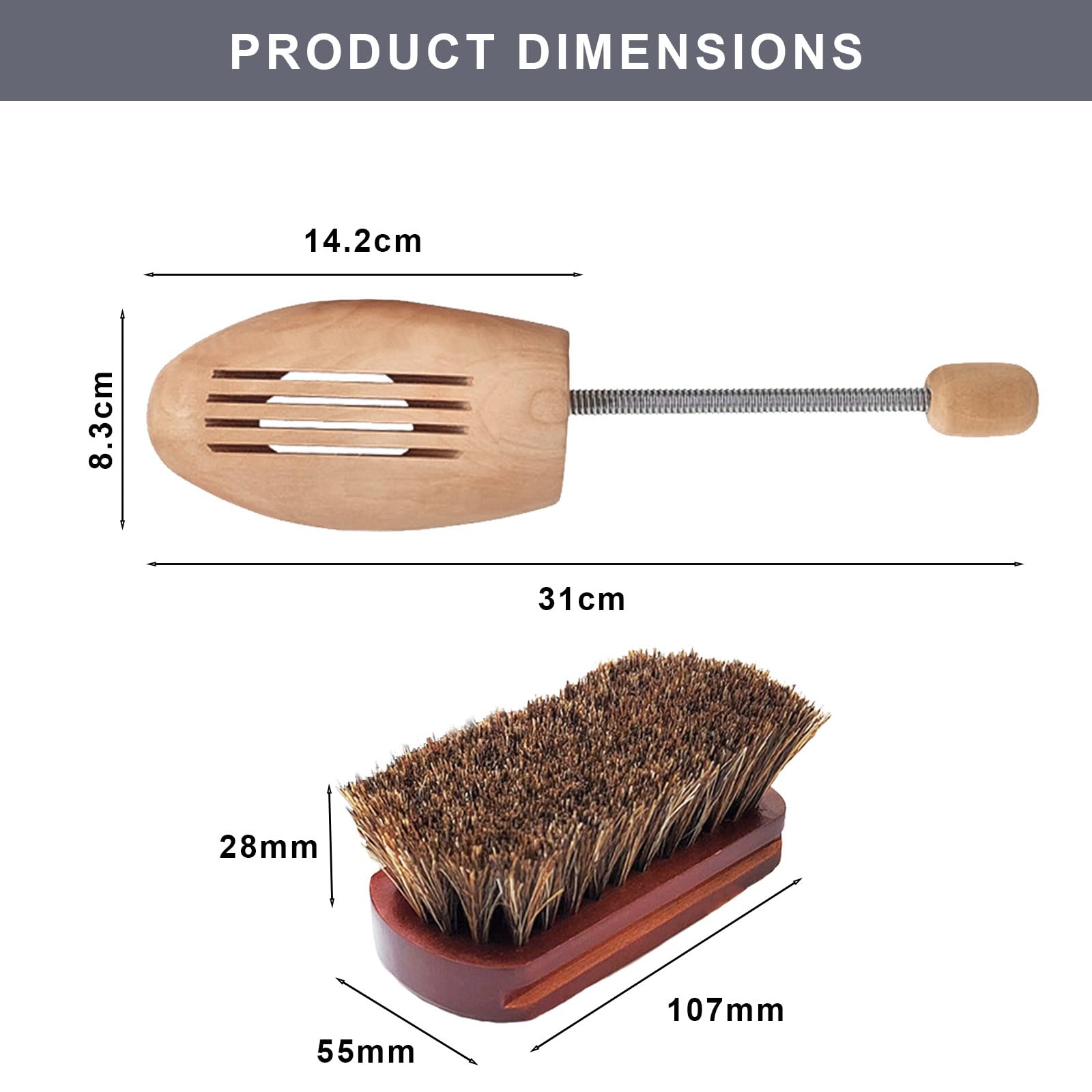 Árboles de madera para zapatos (paquete de 2) con cepillo de crin de caballo, estiradores de zapatos ajustables para hombres y mujeres para mantener la forma y reducir las arrugas, kit de