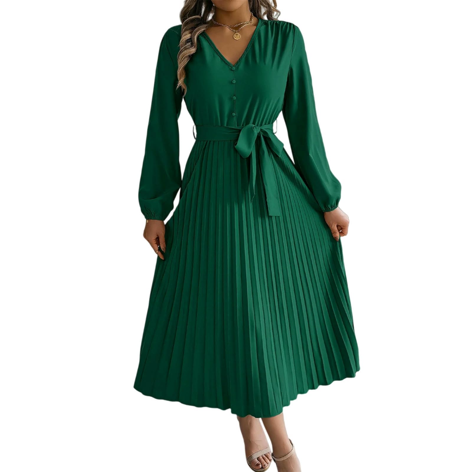 Vestito Manica Lunga Donna Plissato Maxi Abito, V Collo Pizzo su Bottone Dettaglio Elegante per L'autunno Inverno Casual & Indossamento Serale-Khaki-s