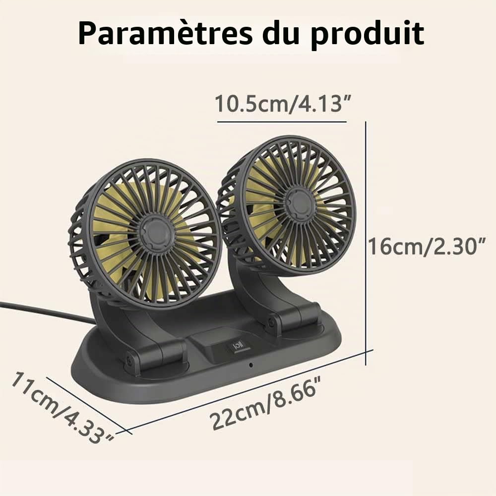 Ventilateur de voiture à double tête, TOTMOX 12V Allume-cigare Mini ventilateur de refroidissement pour voiture, camion, van, SUV, RV, bateau, home, rotation horizontale à 360° et verticale à 180°