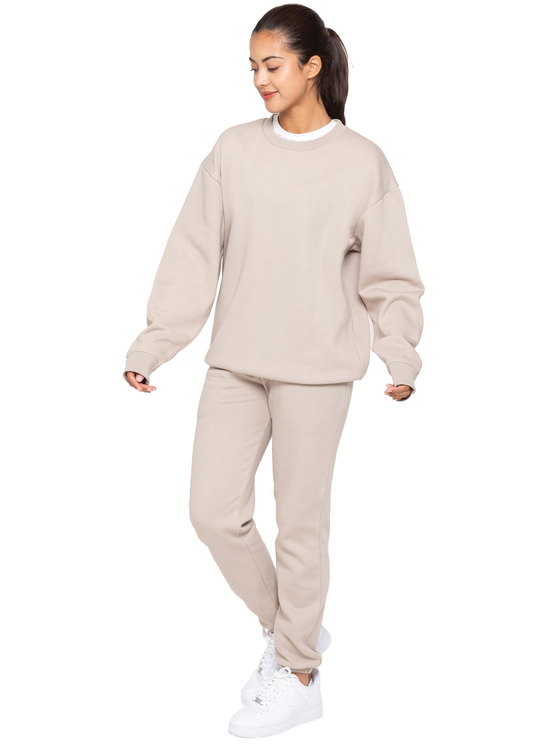 989Zé Enzo Women's Oatmeal Long Sleeve Oversized Sweatshirt Jogger Tracksuit Set Sweatshirt & Sweatpants Ezlsw589 & Ezljg591 Oatmel S