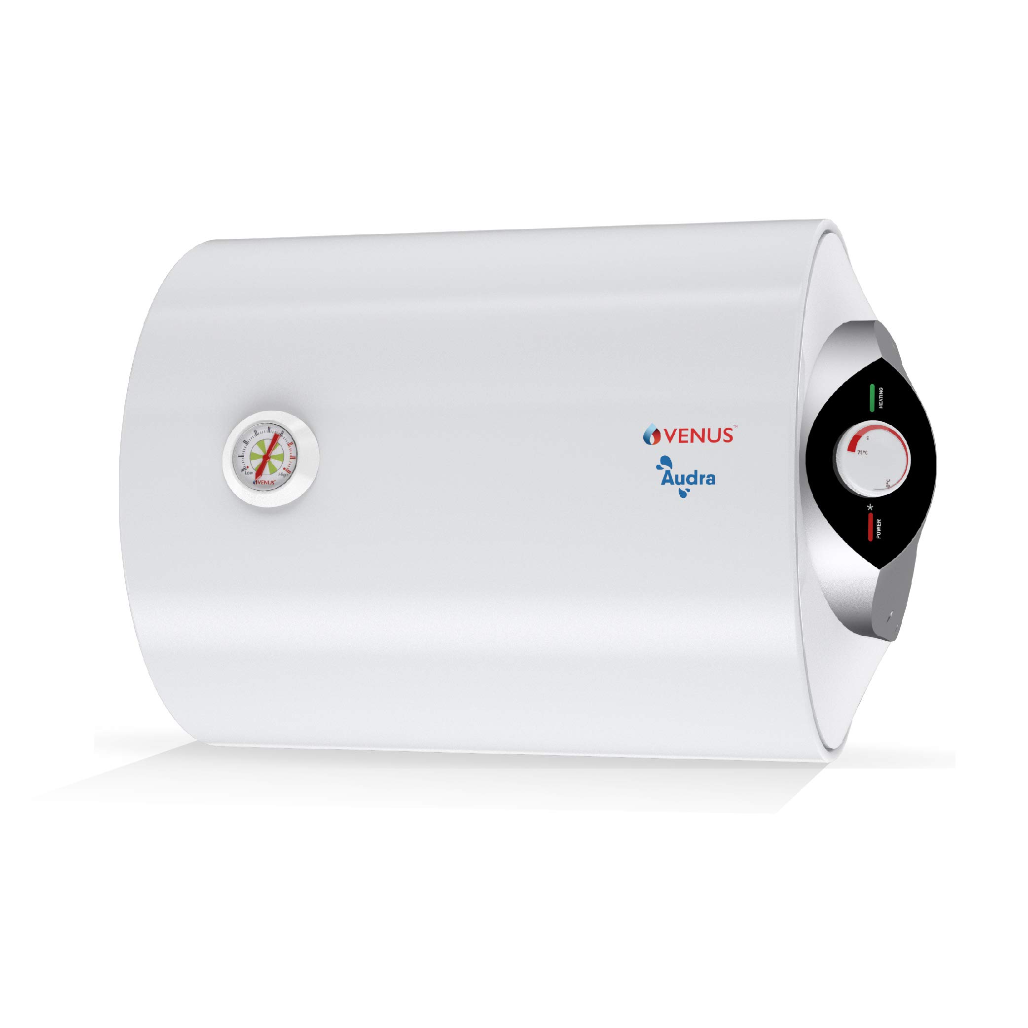 VENUS Audra 25AH 25-Litre (White) Water Heater | Porcelain Enamelled Glass Lined Tank |-Horizontal Water Heater BEE Star Rating - 3 Stars:ISI | Free Flexible Hose Pipe | Guarantee - 7 Years on Inner Tank.-image-0