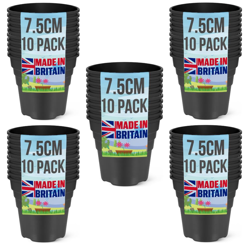Happy Pots Premium Plastic Plant Pot 7.5cm - Nursery Pot - 50 Pack - Made in UK - Recyclable - With Drainage Holes - BPA Free Black