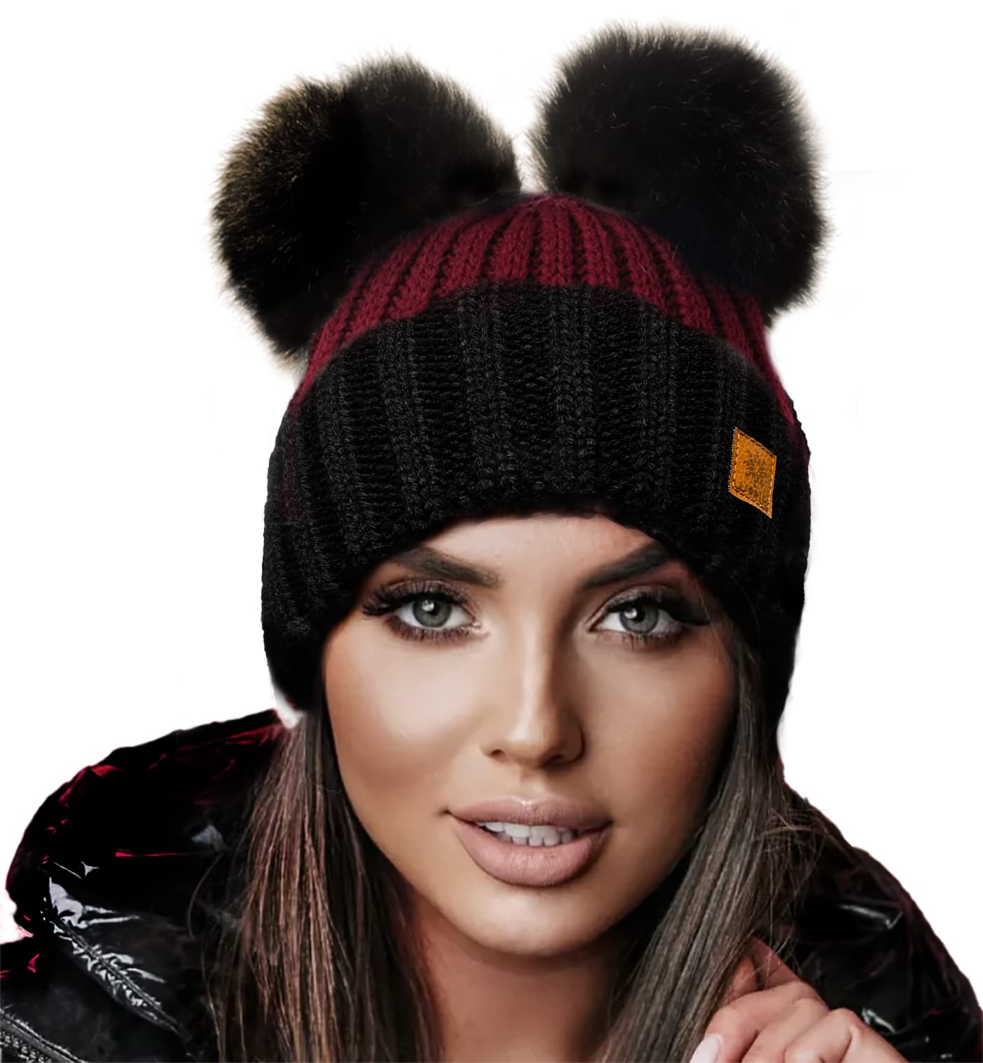 4sold Miki Colour Maroon Black Womens Girls Winter Hat Wool Knitted Beanie with Double Pom Pom Cap Ski Snowboard Bobble