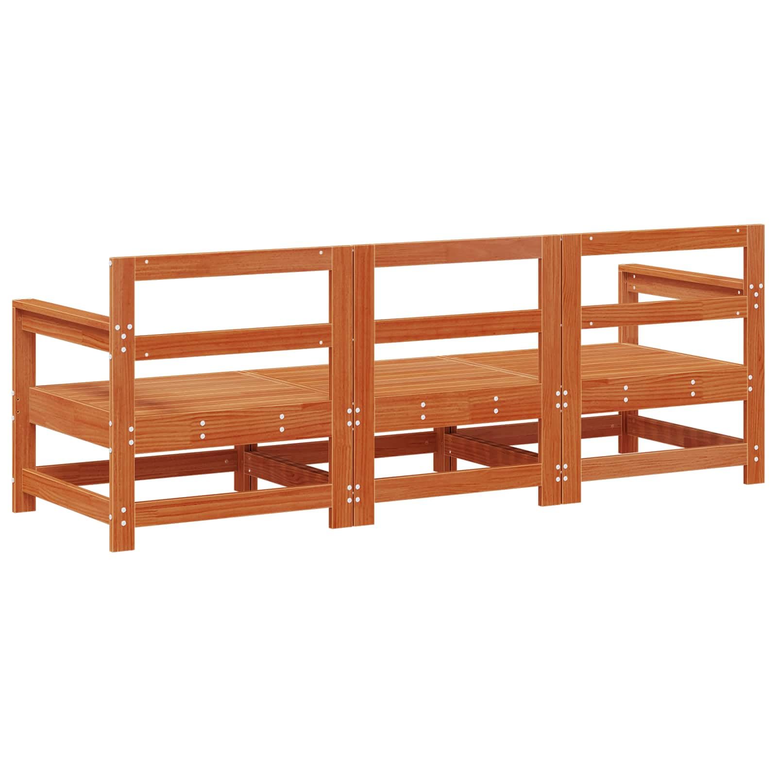 Sofá seccional, 3 unidades, color marrón cera, madera de pino maciza, elemento esquinero, parte central, muebles de salón, sofá ampliable para balcón, terraza, exterior, relajación