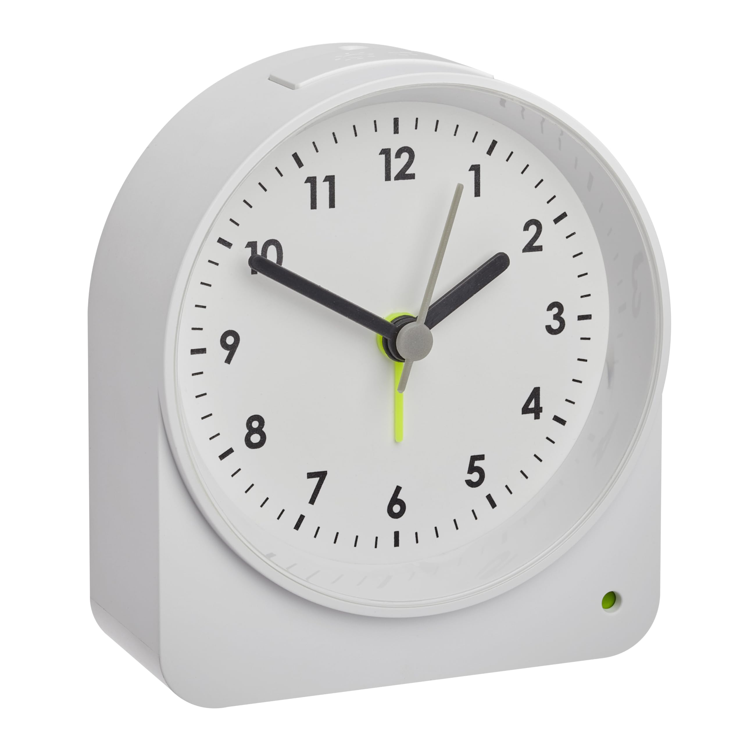 TFA Dostmann 60.1041.02 Analogue Alarm Clock, Non-Ticking with Sweep Movement, with Backlight/Light Sensor, Travel Alarm Clock and Table Clock, with Second Hand, Quartz Clock, 10 cm x 9.1 cm, White