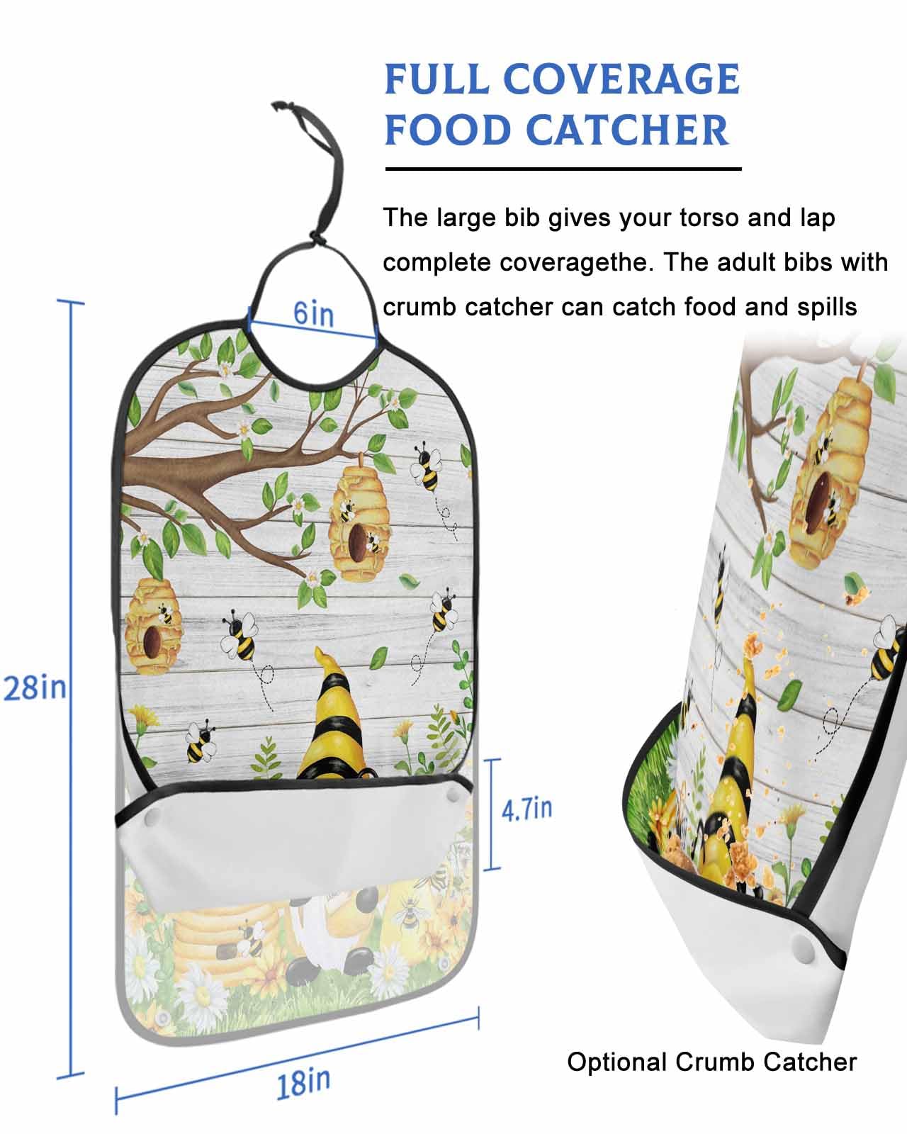 LEOKOTI Summer Gnomes Adult Bibs for Eating, Waterproof Bibs with Food Catcher & Adjustable Snap Closure, Bee Spring Floral Botanical Vintage Washable Clothing Protectors Adult Bibs for Elderly