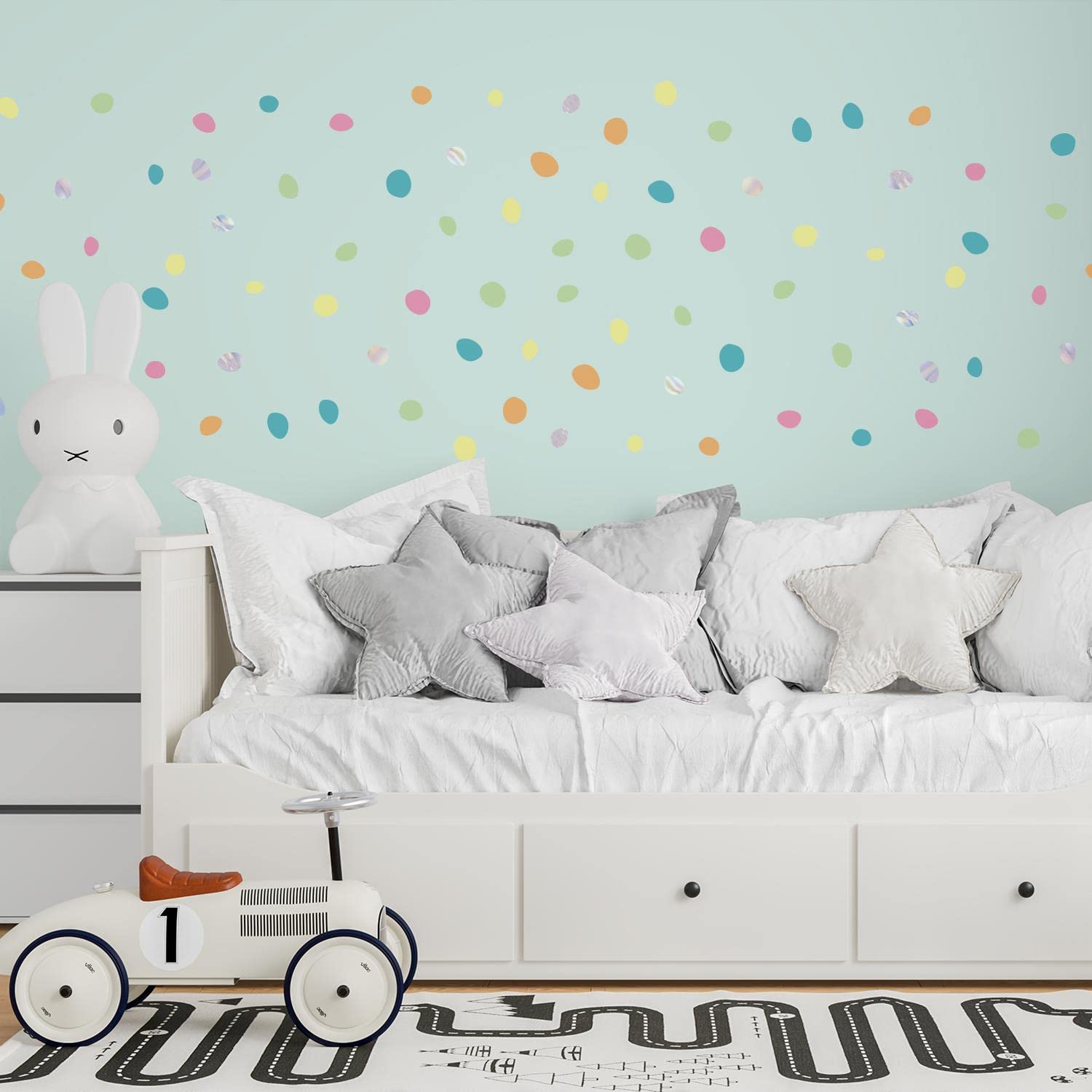 Walplus Girls Dalmatian Polka Dots Pastel & Holographic Dalmatian Polka Dot Wall Stickers For Kids Nursery, Bedroom Decor, Playroom, & Classroom