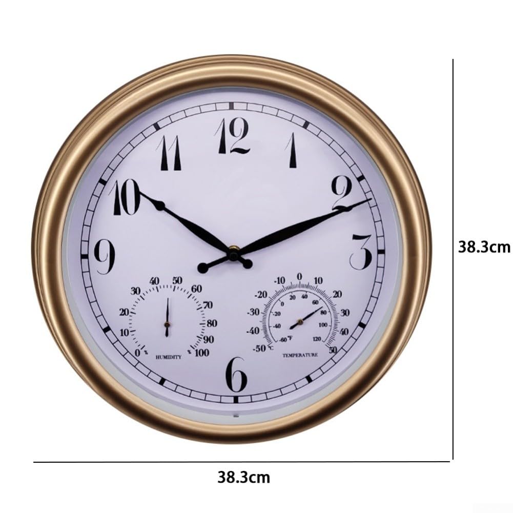 Reloj de pared para exteriores, 15 pulgadas, silencioso, sin tictac, con temperatura y humedad, termómetro de jardín impermeable, higrómetro, funciona con pilas (A)