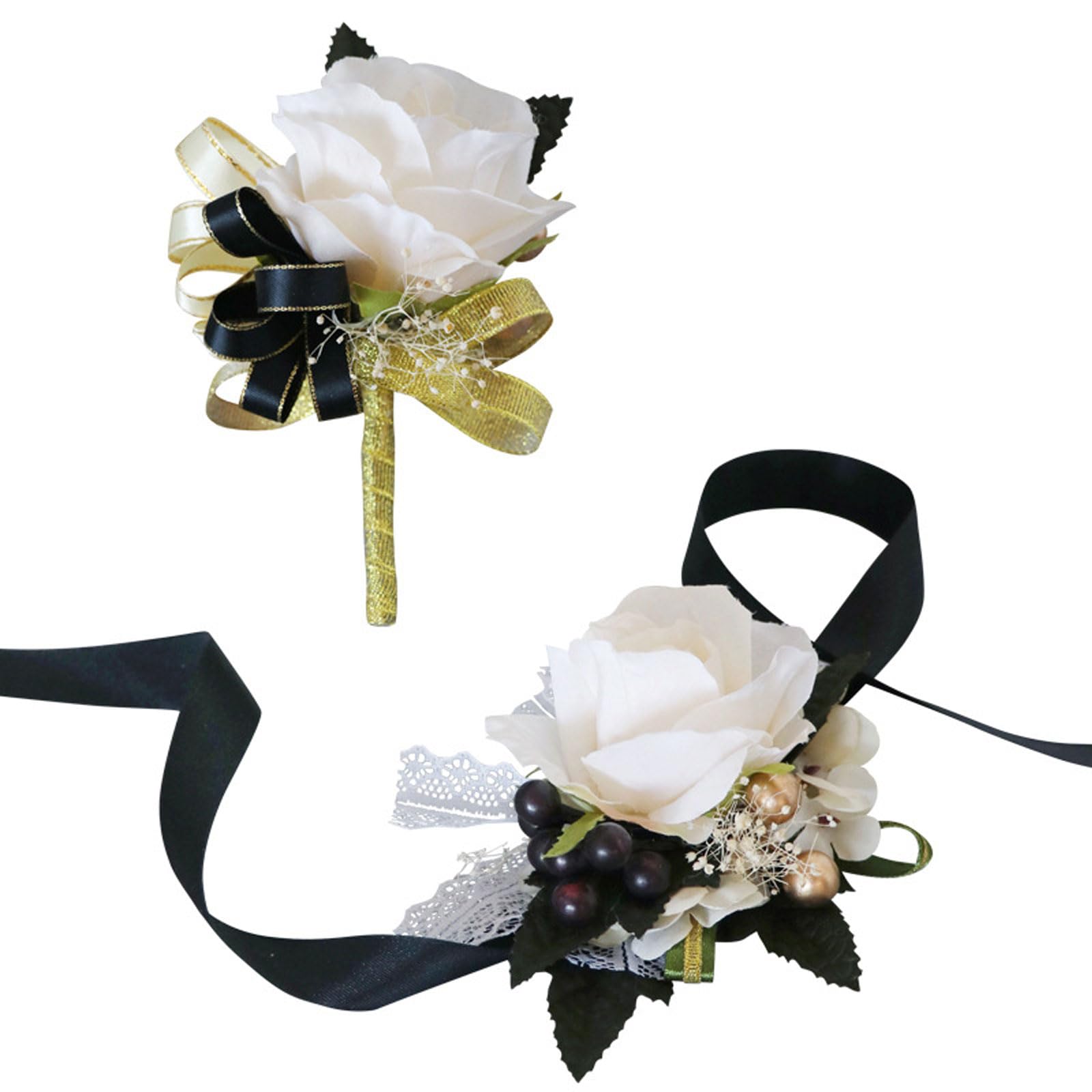 corsage for black and gold dress Black and Gold Boutonniere Wrist Corsage Fancy Occasion Formal Event Glitzy Flowers Black and Gold Wedding