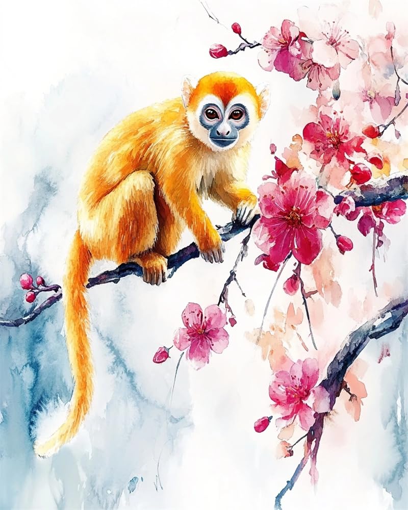 Henypt Cross Stitch Kits, Monkey Standing On A Plum Blossom Branch Easy Patterns Embroidery Kit Supplies, Stamped Options for Adults Beginners (Stamped)