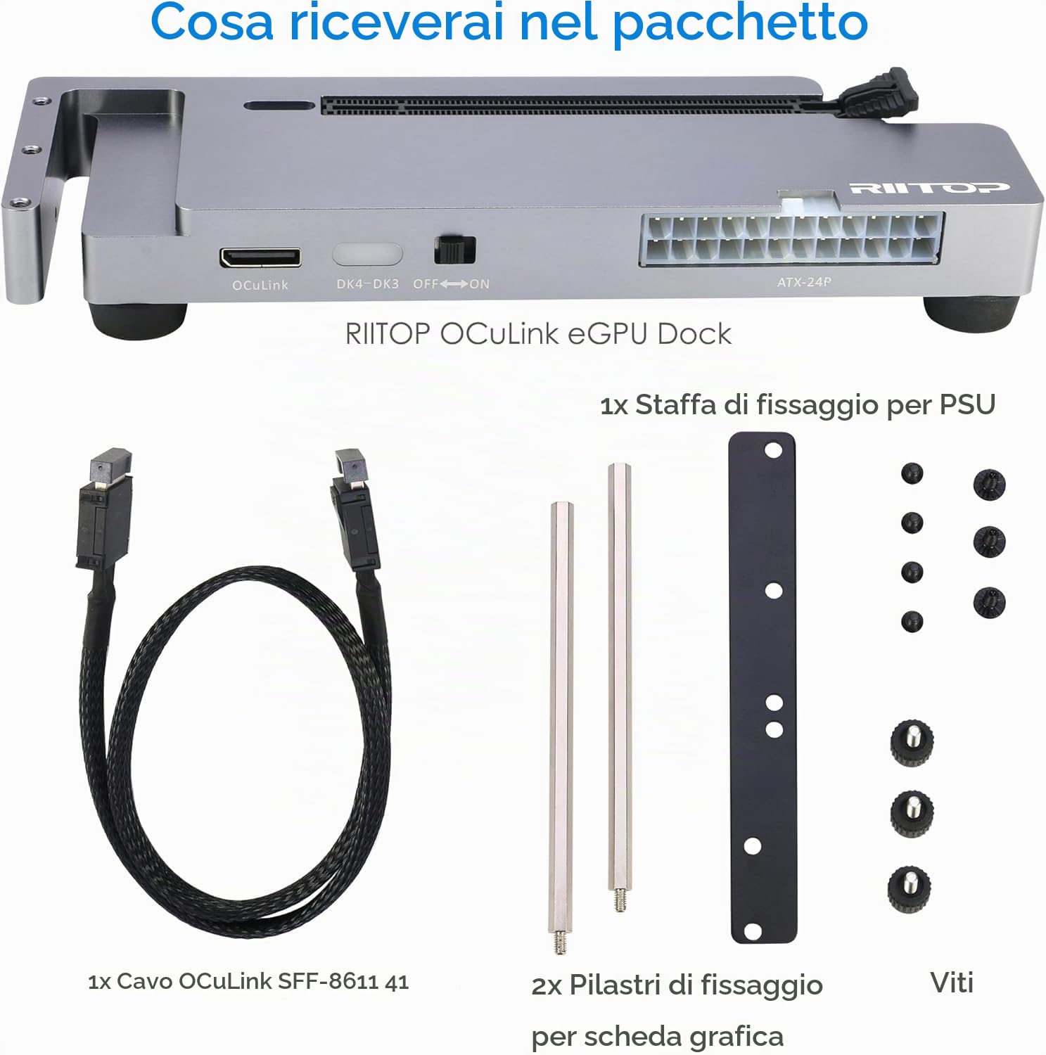 RIITOP OCuLink eGPU Dock 64Gpbs Oculink SFF-8612 Alloggiamento GPU esterno per schede grafiche PCIe 4.0 x16