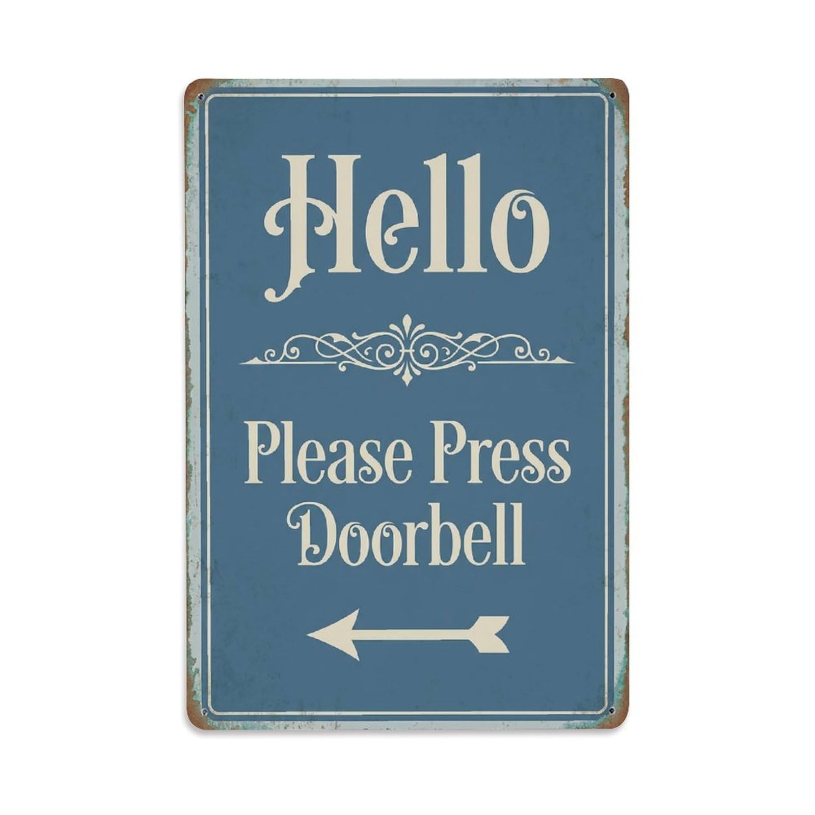 Vintage Hello Please Press Doorbell Arrow Ornate Metal Tin Sign
