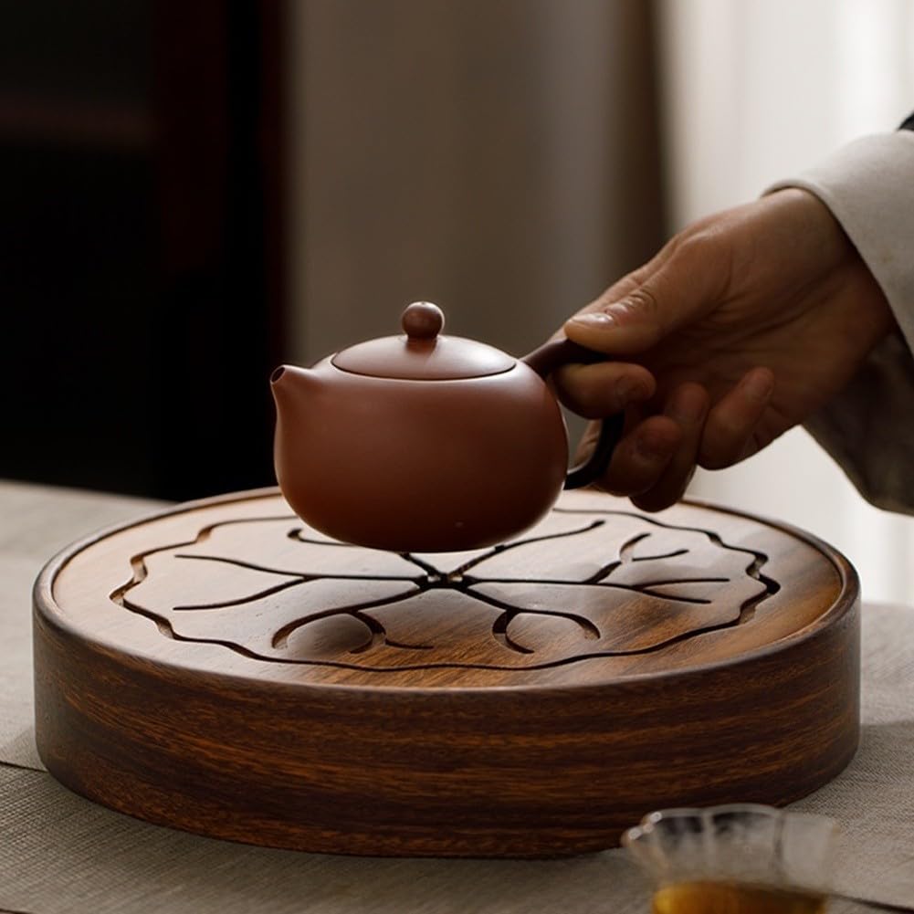 Bandeja China para té Kungfu, Bandeja for té, Recipiente for Agua de Drenaje, Nogal, 25 cm de diámetro, 5 cm de Altura