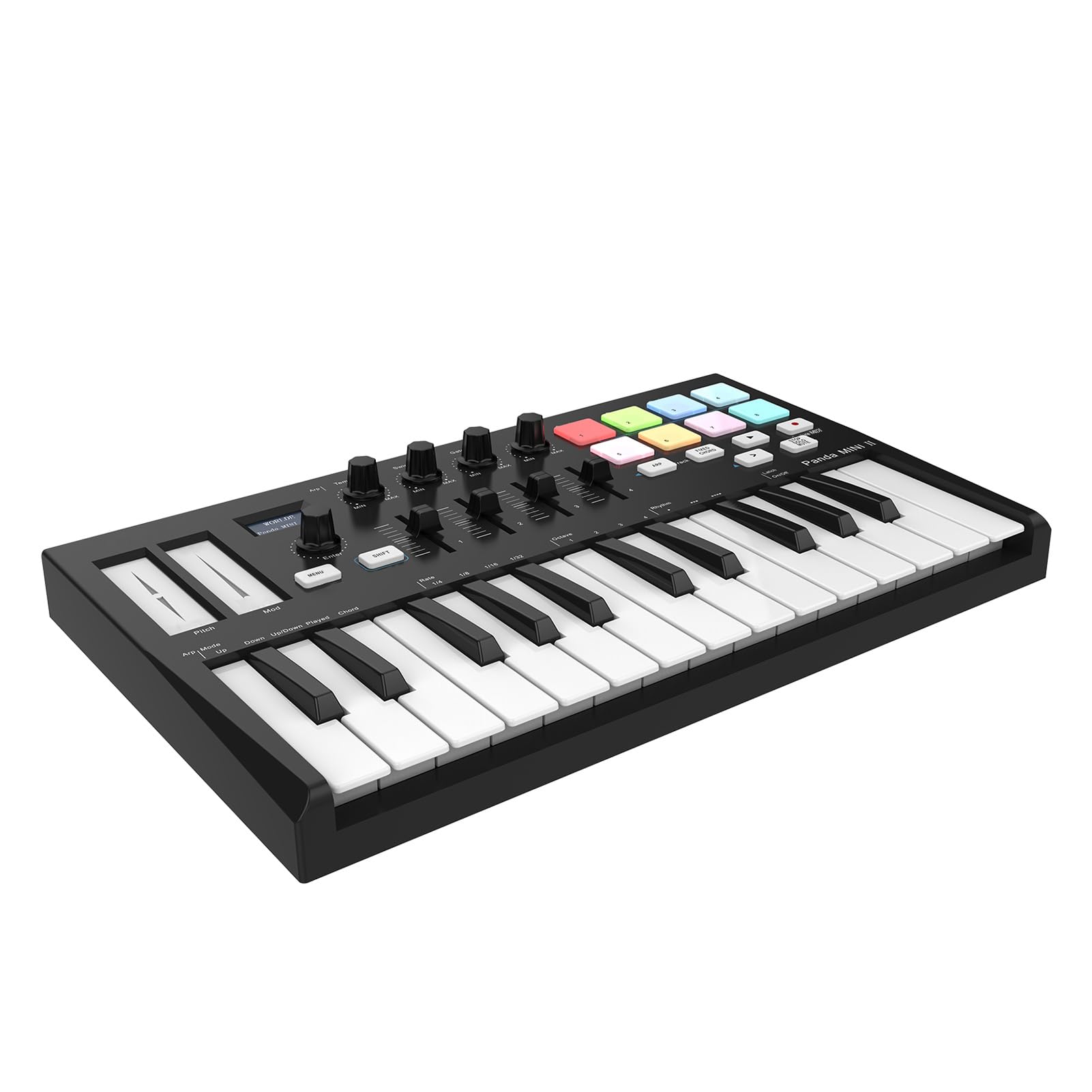 WORLDE Panda MINI II Tastiera Controller MIDI USB Portatile a 25 Tasti con Pad Retroilluminati RGB per Produttori Musicali e DJ Nero + Bianco