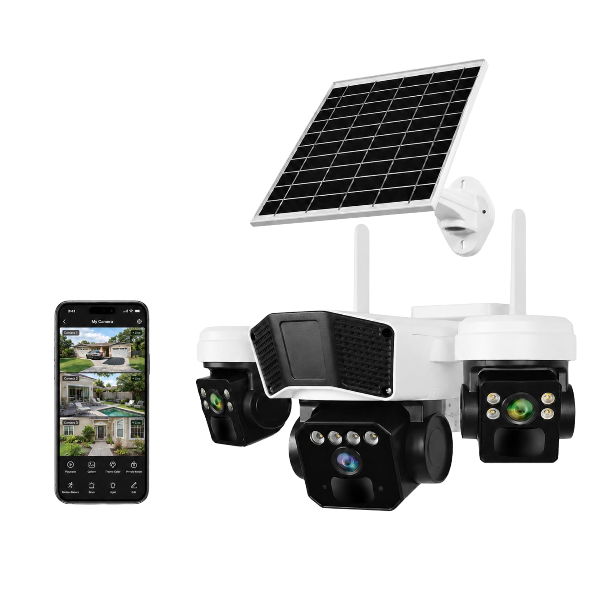 Cámara De Seguridad Exterior Solar Inalámbrica 4G, con SIM, Camara 360 con 3 Lentes, Vision Nocturna Y Audio, Panel Solar, IP65 Impermeable, Camara Vigilancia con Alarma, Seguimiento De Movimiento