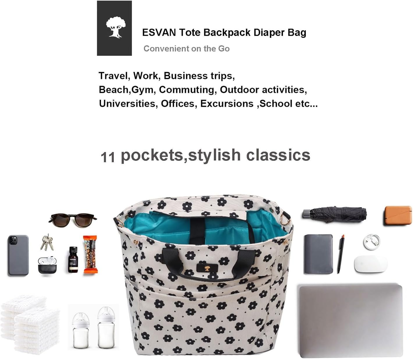 ESVAN Diaper Tote Bag Totepack Backpack Crossbody Bag 3 in 1 for Women Laptop Backpack Multifunctional with Insulated Pockets