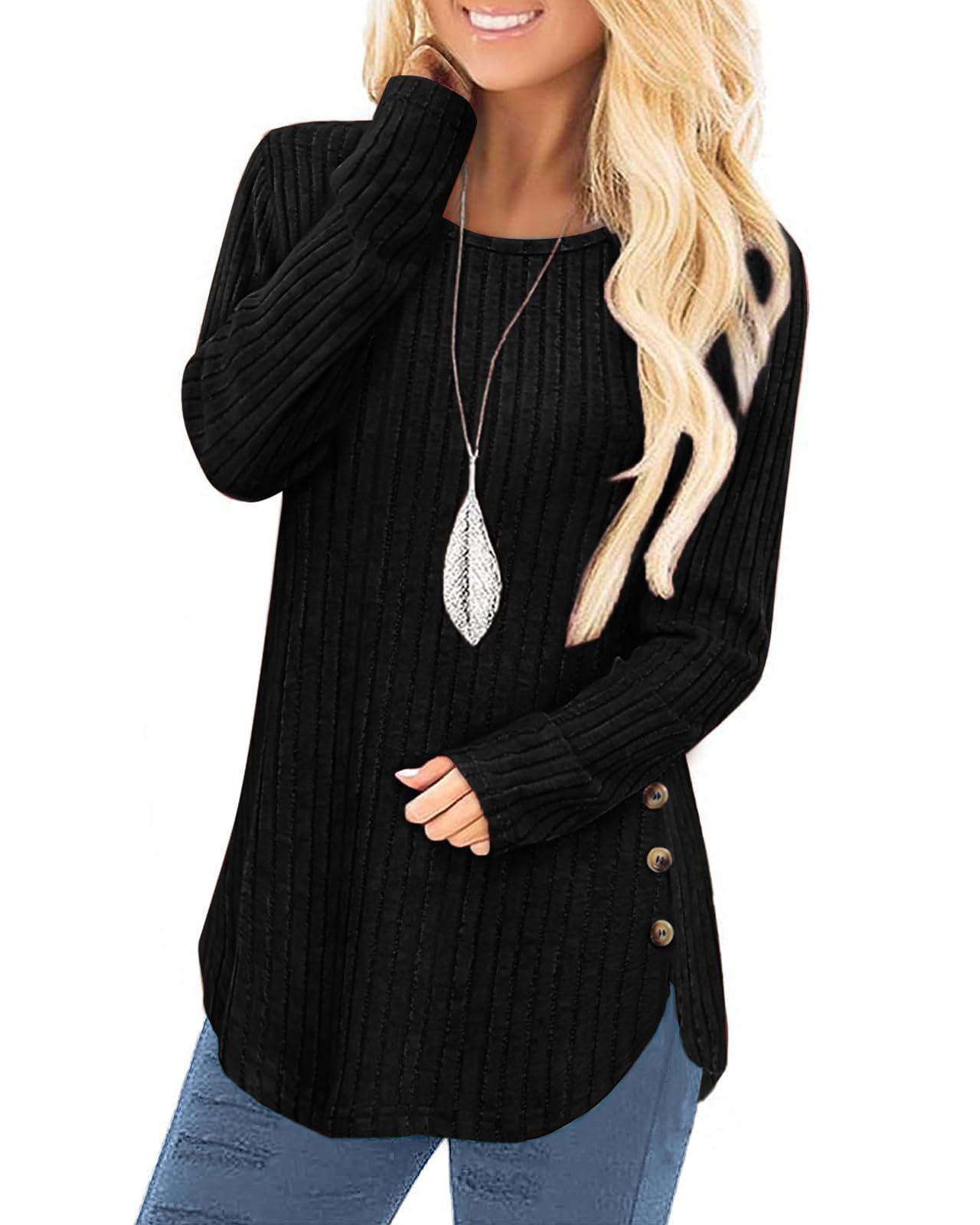 Tanmolo Damen Pullover Herbst elegant Oberteile Langarm Strickpullover mit Knopfdetail und Kabelstruktur Leichter Arc-Saum Rundhals Pulli