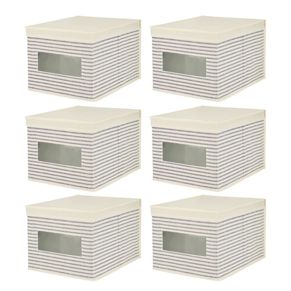 mDesign 6er-Set Stoffbox – praktische Aufbewahrungsbox mit Deckel und Sichtfenster für Schlaf-, Wohn- oder Badezimmer – stapelbare Schrankbox aus atmungsaktiver Kunstfaser – naturfarben/blau