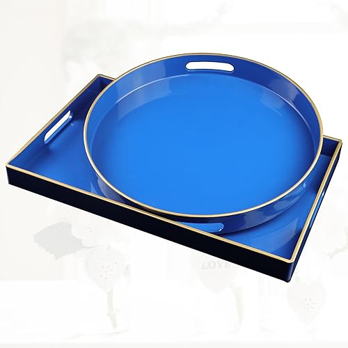 Miniatura 6 de Bandeja decorativa redonda azul con asas, bandeja de café elegante de 13 pulgadas para sala de estar otomana, baño, al aire libre, desayuno