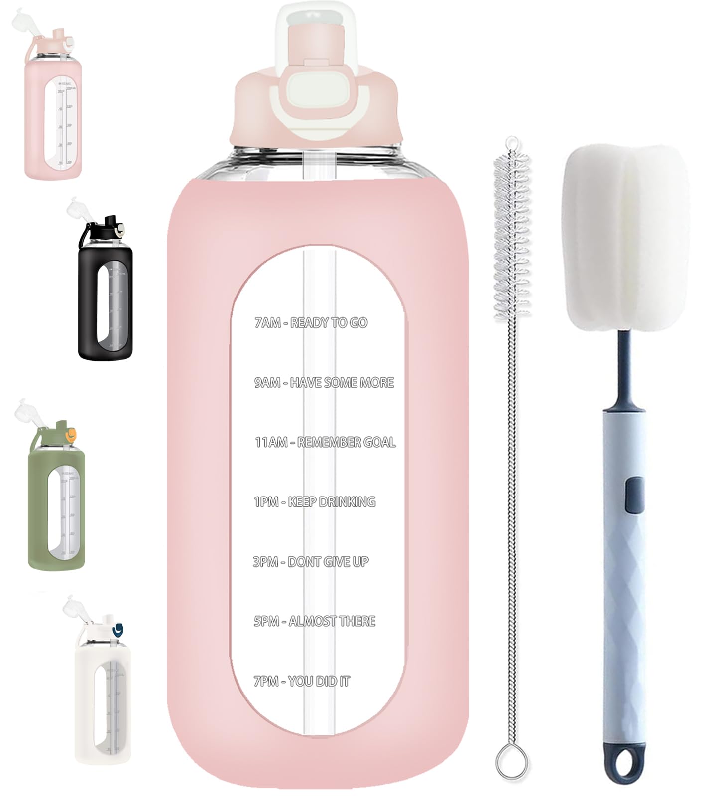 Glass Water Bottles 64 oz With Straw, Large Borosilicate Glass Drinking Bottle With Silicone Sleeve, Wide Mouth, Pink