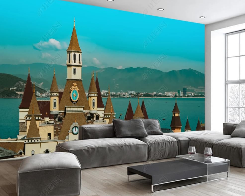 Poster géant mural château vue mer pour une décoration salon style bord de plage