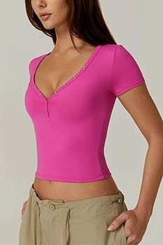 QINSEN Casual Basic Tops for Women Short Sleeve V Neck Cropped T