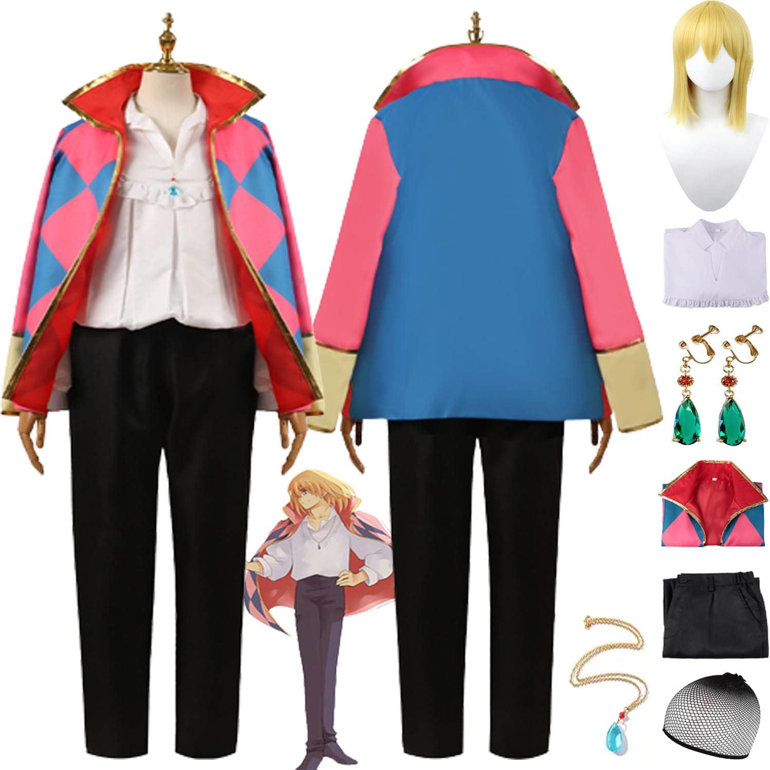 TjmiaohaoAnime Howl's Moving Castle Howl Cosplay Costume Outfit Role Play Uniform Cloak Full Set Halloween Party Carnival Dress Up Suit with Wig Earrings Necklace for Men Boys