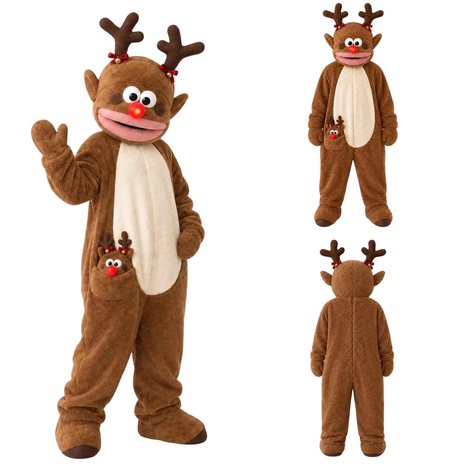 Tuta Bambini Costume Renna Cappuccio Corna Tasche Zampe Peluche