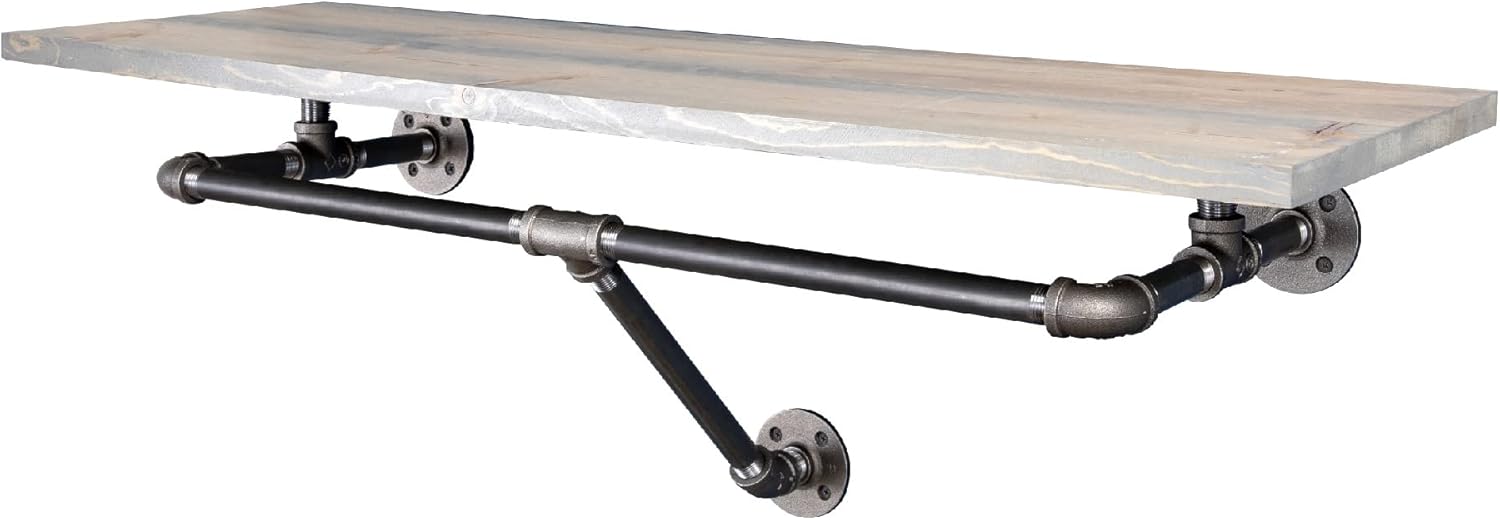 PIPE DECOR 24 in. Wall Mounted Clothing Rack, Solid Wood Shelf with Industrial Steel Pipe Hanging Bracket, Multi-Purpose Vintage Decor for Bedroom, Kitchen, or Entryway, Riverstone Grey Stain Riverstone Grey 24 inch