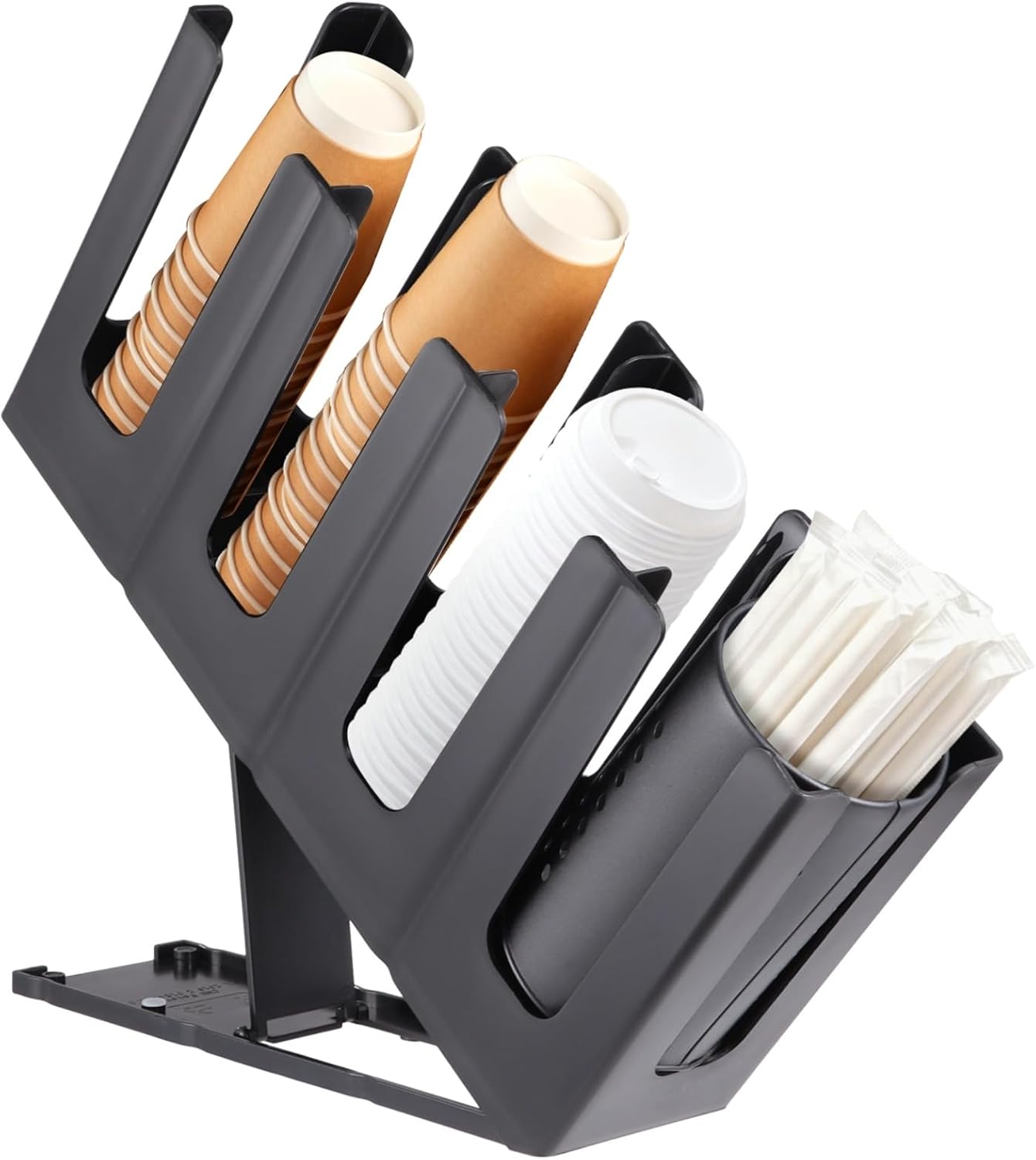Cup Holder Lid Dispenser with Straw Organizer, Plastic 4 Compartment Cup Storage Organizer with 7-Level Adjustable Height for Office, Coffee Station, Bar, Restaurant
