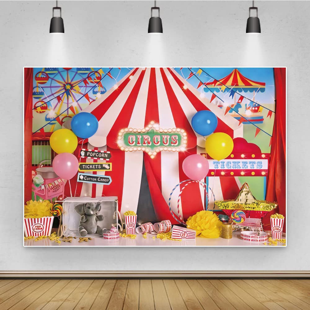 Renaiss 7x5ft Circus Photography Backdrop Red White Stripe Tent Balloon Carousel Carnival Night Background Theme Party Decorations for Kids Boy Girl Birthday Video Backdrops Studio Props Wallpaper