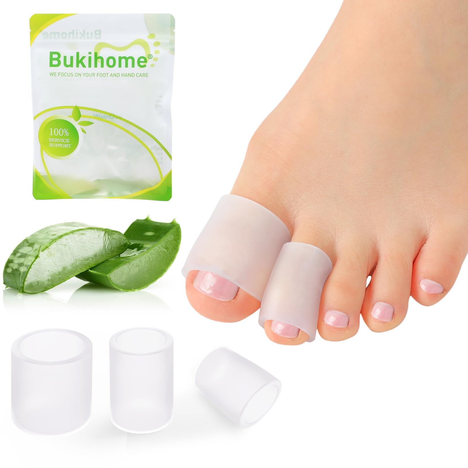 Bukihome Silicone Toe Protectors – 14 Pack Aloe Vera Extract Infused Silicone Toe Sleeve for Hammer Toes, Corns, Calluses, Blisters – Soft Gel Protector Toe Cushions for Pain Relief (Multi-Size)