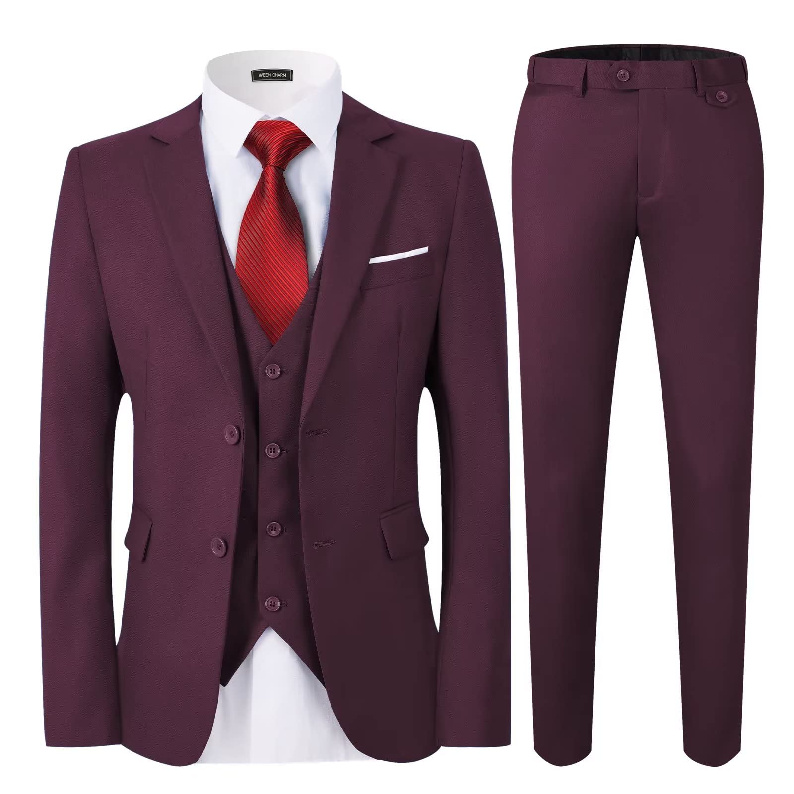 WEEN CHARMMen's Suits Slim Fit,3 Piece Suit for Men,2 Button Blazer Jacket Vest Pants with Tie,Men Tuxedo Suit Set