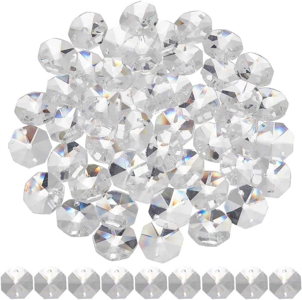1 Box 50Pcs 20mm Crystal Glass Octagon Beads 2 Hole Crystal Prism Bead Bulk Colorful Chandelier Connector Suncatcher Faceted Spacer Bead for DIY Lamp Hanging Ornament Pendant Jewelry Making